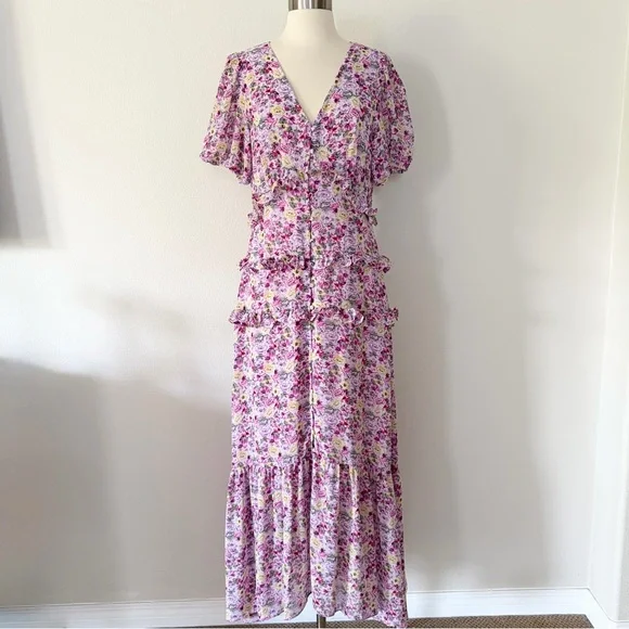 Astr Priscilla Floral Tiered Ruffle Button Front Midi Dress Large L - Picture 2 of 7